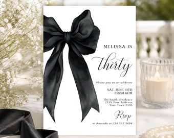 Editable Black Bow Birthday Invitation, Elegant  Pastel Watercolor Ribbon Coquette Invite (Any Age)