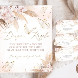 Bewerkbaar vlinderluierloterijticket. Vlinder luier loterij teken. Luier loterij vlinder babyshower invoegen vlinder babyshower.