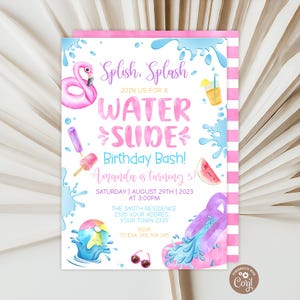 May include: A pink and white invitation for a water slide birthday party. The invitation features a flamingo, ice cream, watermelon, and a water slide graphic. Text includes "Splish, Splash", "Water Slide", and "Amanda is turning 5!"