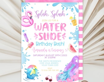 Editable Water Slide Birthday Invitation. Backyard Waterslide Splash. Pool Party Birthday Invite. Water Park Invitation. Girl Pink Birthday.