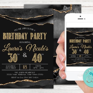 Faire-part d'anniversaire commun adulte modifiable. Invitation commune à une fête d'anniversaire. Co-anniversaire combiné. Glam à paillettes dorées. Invitation noir et or.