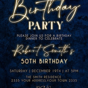 Editable Agate Birthday Party Digital Invitations. Blue and Gold