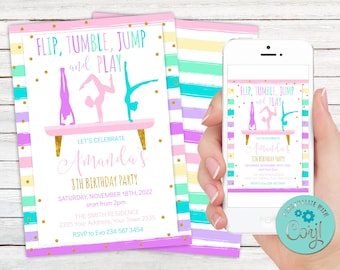 Editable Gymnastics Birthday Invitation. Girl Gymnastics Birthday Party Invite. Jump Tumble and Play. Gymnastics Party Invitation. Any age.