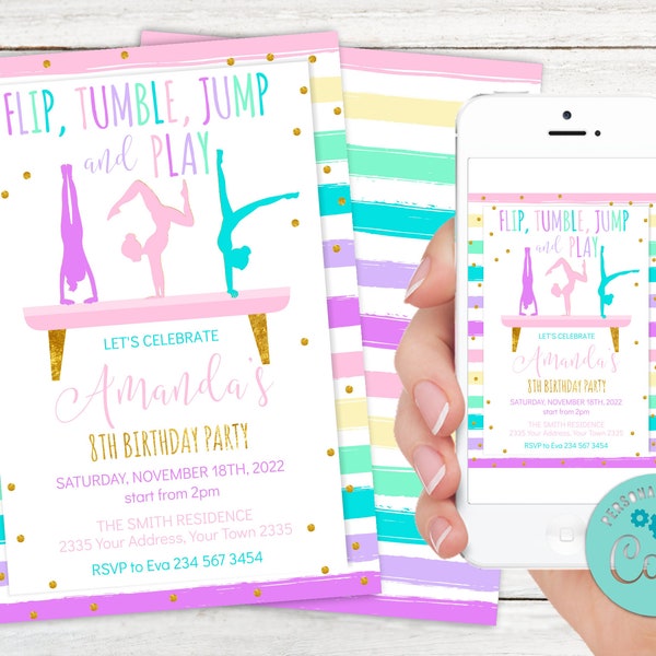 Editable Gymnastics Birthday Invitation. Girl Gymnastics Birthday Party Invite. Jump Tumble and Play. Gymnastics Party Invitation. Any age.