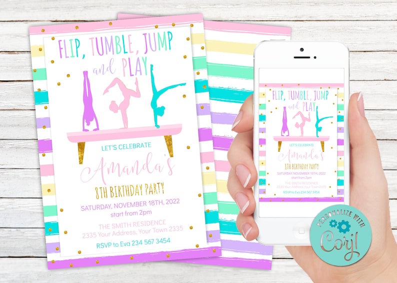 May include: A pink and purple invitation with gold glitter accents for an 8th birthday party. The invitation features a graphic of three girls doing gymnastics on a balance beam. The text on the invitation reads "Flip, Tumble, Jump and Play, Let's Celebrate Amanda's 8th Birthday Party, Saturday, November 18th, 2022, start from 2pm, The Smith Residence, 2335 Your Address, Your Town 2335, RSVP to Eva 234 567 3454".