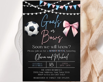 Bewerkbare voetbal Gender Reveal-uitnodiging. Uitnodiging meisje of jongen. Gemengde stelletjes douchen. Uitnodiging voor doelen of bogen. Geslacht bekend. Voetbal.