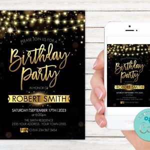 Invitation de fête d'anniversaire modifiable. Invitation de fête d'anniversaire de paillettes d'or. Fête d'anniversaire pour homme adulte. Invitation noir et or. Tout âge