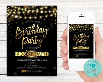 Editable Gold Glitter Birthday Party Invitation (Digital Download)