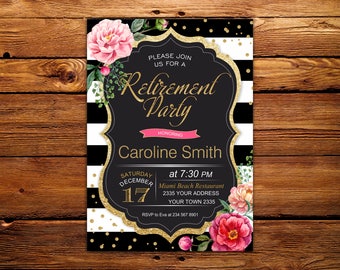 Retirement Party Invitations. Retirement invitation. Retirement Invites. Woman. Elegant. BlackWhite Stripe. Gold Glitter. Floral Retirement.