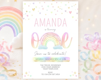 Editable Rainbow First Birthday Invitation Template, Pastel Watercolor 1st Birthday Invite (Digital Item)