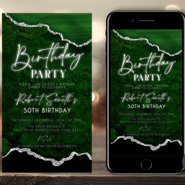 Editable Agate Birthday Party Digital Invitations. Green and Silver Birthday Celebration Invite. Mobile Text Evite. Editable Template.