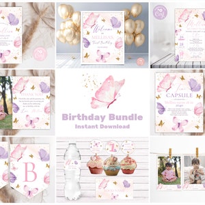 Editable Butterfly Birthday Invitation Bundle. Purple Pink Gold Butterfly Theme. Birthday Party Kit. Butterfly 1st Birthday Party Package.