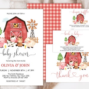 Editable Farm Baby Shower Invitation. Red Farm Baby Shower Invitation. Red Barnyard Animals. Red Farm. Farm Animals. Gender Neutral Invite.