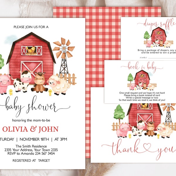 Editable Farm Baby Shower Invitation. Red Farm Baby Shower Invitation. Red Barnyard Animals. Red Farm. Farm Animals. Gender Neutral Invite.