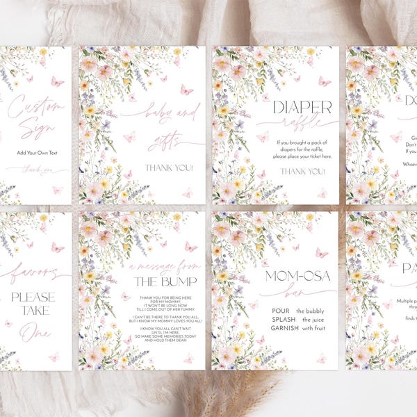 Editable Baby in Bloom Baby Shower Sign Bundle. Wild Flower Baby Shower Table Signs. Pink, Blue Flowers Signs. Pink Butterflies Baby Shower.