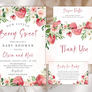 Editable Strawberry Baby Shower Invitation Set. Berry Sweet Baby Shower Invite. Strawberry Party. A Berry Sweet Baby Is On The Way Invite.