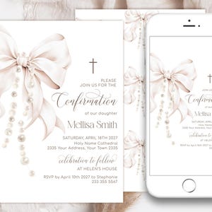 Faire-part de confirmation modifiable avec noeud beige et perles. Invitation catholique élégante. Noeud moka taupe et perle. Invitation à thème chapelet.