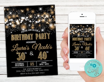 Editable Adult Joint Birthday Invitation. Joint Birthday Party Invitation. Combined Party Co-Birthday. Gold Glitter Glam. Glitter Invite.