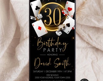 May include: A digital birthday party invitation template featuring a black background with gold accents, playing cards, dice, and poker chips. The text reads: You're invited to a 30th Birthday Party honoring David Smith, Saturday December 19th at 5pm.
