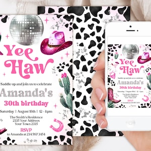 Editable Hot Pink Space Cowgirl Birthday Invitation. Pink Disco Cowgirl Party. Wild West 30. Pink Rodeo Adult&#39;s Birthday Any Age Party.