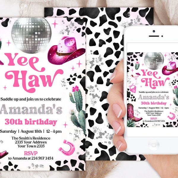 Editable Hot Pink Space Cowgirl Birthday Invitation. Pink Disco Cowgirl Party. Wild West 30. Pink Rodeo Adult's Birthday Any Age Party.