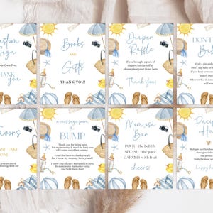 Editable Splish Splash Baby Shower Sign Bundle. Blue Beach Summer Boy Baby Shower Table Signs. Summer Boy Blue Pool Surf Beach Signs.