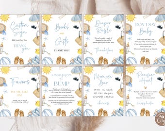 Editable Splish Splash Baby Shower Sign Bundle. Blue Beach Summer Boy Baby Shower Table Signs. Summer Boy Blue Pool Surf Beach Signs.