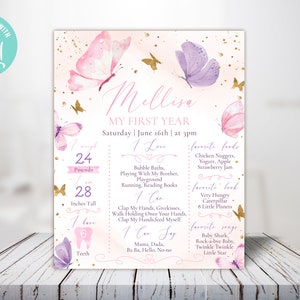 Póster editable de mariposa para el primer cumpleaños importante. Letrero para el primer cumpleaños de un bebé. Mariposa morada, rosa y dorada. Mariposa de acuarela para niña.