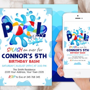 Editable Summer Pool Party Invitation. Pool Birthday Party.  School Pool Party. Boy Summer Birthday Invite. Swimming Party. Any age.