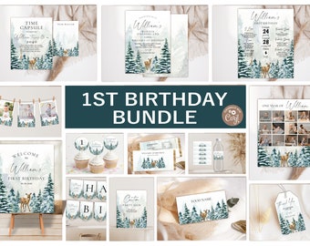Editable Winter ONEderland Birthday Invitation Bundle. Winter First Birthday Kit. Deer, Winter Woodland, Adventure Theme Birthday Party Kit.