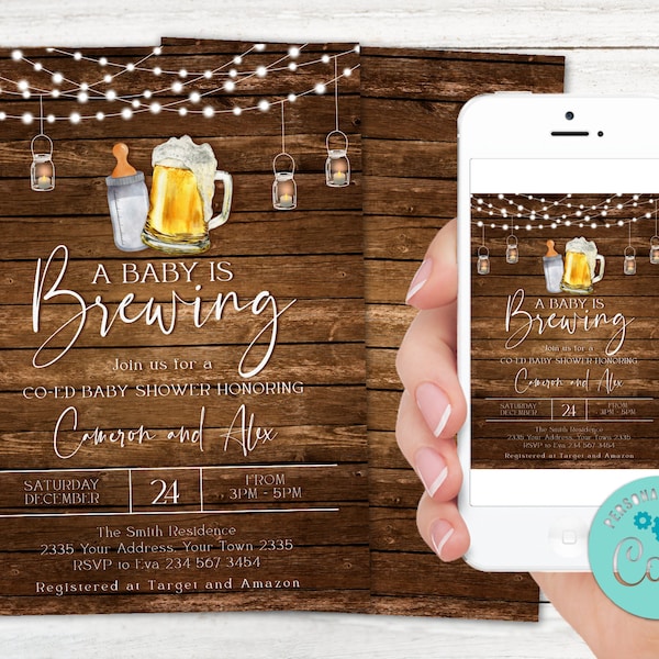 Editable A Baby is Brewing Baby Shower Invitation. Co-Ed Baby Shower. Beer & Bottles Baby Shower. Backyard BBQ Invitation. Wooden. Rustic.