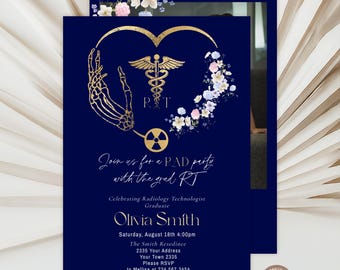 Editable Radiologic Technologist Graduation Invitation. X-Ray CT MRI Ultrasound Grad Party Invite. Rad Tech Grad. Floral Girl Photo Invite.