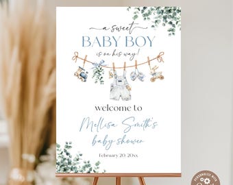 Editable Boy Baby Shower Welcome Sign. A Sweet Baby Boy Is On His Way Baby Welcome Poster. Blue Boho Children's Clothing Outdoors Sign.
