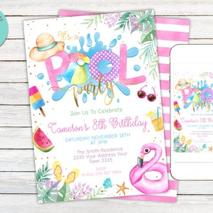 May include: A pink and blue pool party invitation with a watercolour design. The invitation features a pool float, sunglasses, popsicles, and a flamingo. The text on the invitation reads "It's a Pool Party" and "Join Us To Celebrate Cameron's 8th Birthday".