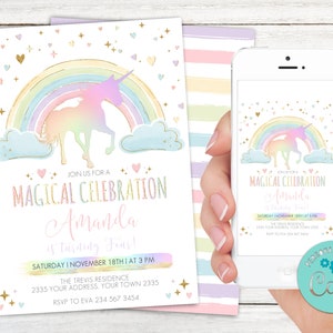 Editable Unicorn Rainbow Birthday Invitation. Unicorn Birthday Invite. Colorful Unicorn Rainbow Girl's Party Invite. Pastel Colors. Any age.