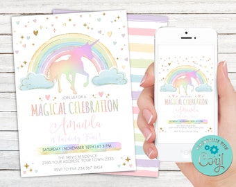 Editable Unicorn Rainbow Birthday Invitation. Unicorn Birthday Invite. Colorful Unicorn Rainbow Girl's Party Invite. Pastel Colors. Any age.