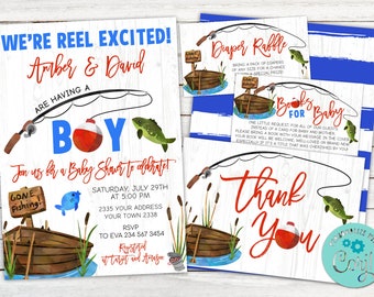 Fishing Baby Shower Invitation. Fish Baby Shower Invite. Fishing Invitation. Fish Invitation. Outdoors. Blue and Red. Fisherman. Digital.
