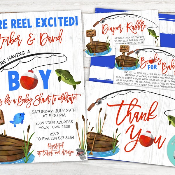 Fishing Baby Shower Invitation. Fish Baby Shower Invite. Fishing Invitation. Fish Invitation. Outdoors. Blue and Red. Fisherman. Digital.