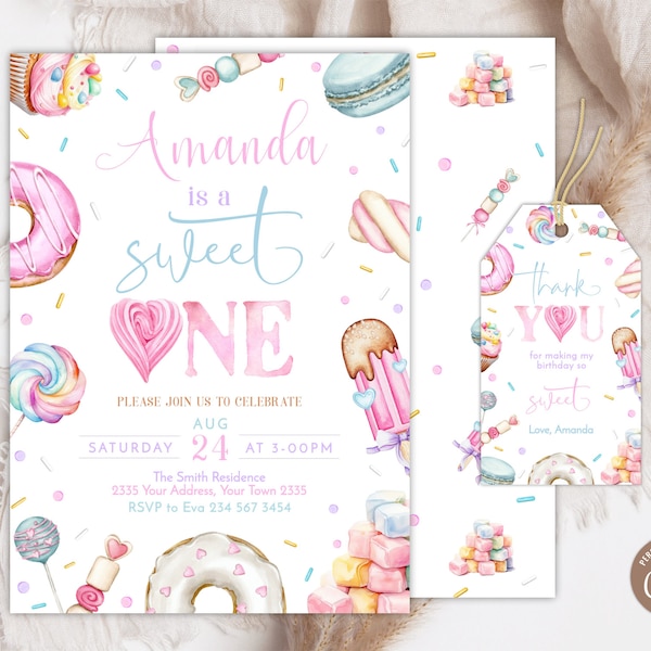 Editable Sweet One Birthday Invitation. Girls 1st Birthday Party Invite. Pastel Sweets Donut Candy Ice cream Cupcake. Sweet Shop Invitation.