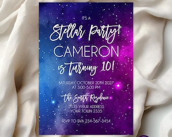 May include: A rectangular party invitation card featuring a deep blue and purple galaxy background with white stars. The text reads: IT'S A Stellar Party! CAMERON is TURNING 10! SATURDAY, OCTOBER 20TH 2027 AT 3:00-5:00 PM, the Smith Residence, 2335 YOUR ADDRESS, YOUR TOWN 2335, RSVP TO EVA 234-567-3454.