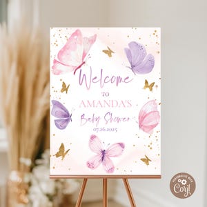 Editable Butterfly Baby Shower Welcome Sign. Butterfly Baby Shower Welcome Sign for Girl. Pink Purple Gold Butterfly Baby Shower Sign.