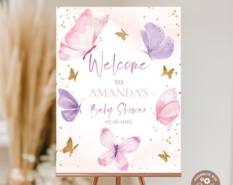 Editable Butterfly Baby Shower Welcome Sign. Butterfly Baby Shower Welcome Sign for Girl. Pink Purple Gold Butterfly Baby Shower Sign.