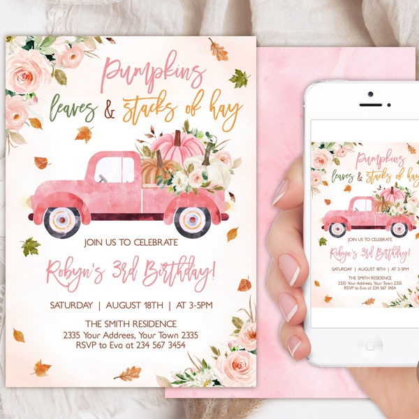Editable Pumpkin Truck Birthday Party Invitation. Pink Floral Pumpkin Birthday Party. Girl Pumpkin Birthday. Fall Birthday. Pumpkin Girl.
