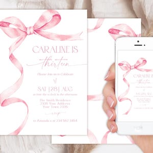 Editable Pink Bow Birthday Invitation. Soft Pastel Pink Bow 13th Birthday Invite. Watercolor Dusty Pink Ribbon. Coquette Invite. Any Age.