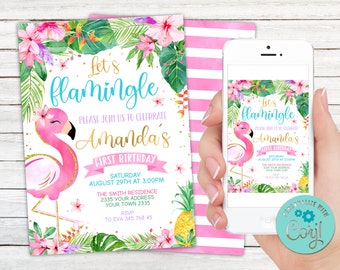 Editable Let’s Flamingle Birthday Invitation. Pineapple Invite. Tropical Invitation. Flamingo Party. Let's Flamingle. Fiesta Party. Any Age.