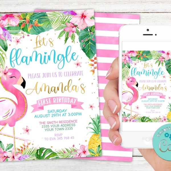 Editable Let’s Flamingle Birthday Invitation. Pineapple Invite. Tropical Invitation. Flamingo Party. Let's Flamingle. Fiesta Party. Any Age.