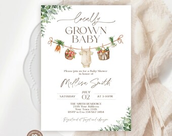 Editable Locally Grown Baby Shower Invitation Set (Digital), Farmers Market Vegetable Theme, Gender Neutral