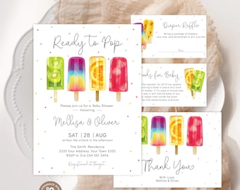 Editable Popsicle Baby Shower Invitation Set, Watercolor Summer Invite, Ice Сream Summer Gender Neutral, Ready to Pop