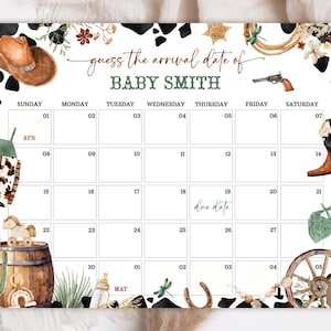 Editable A Little Cowboy Baby Shower Due Date Calendar Game. Guess Baby&#39;s Birthday. Birthday Prediction Shower Game. Green Wild West Boy.