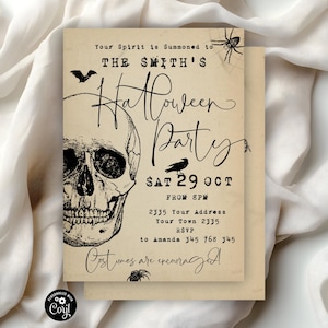 Skull Halloween Party Invitation, Editable Vintage Style (Digital Item). Spooky Halloween Invites.
